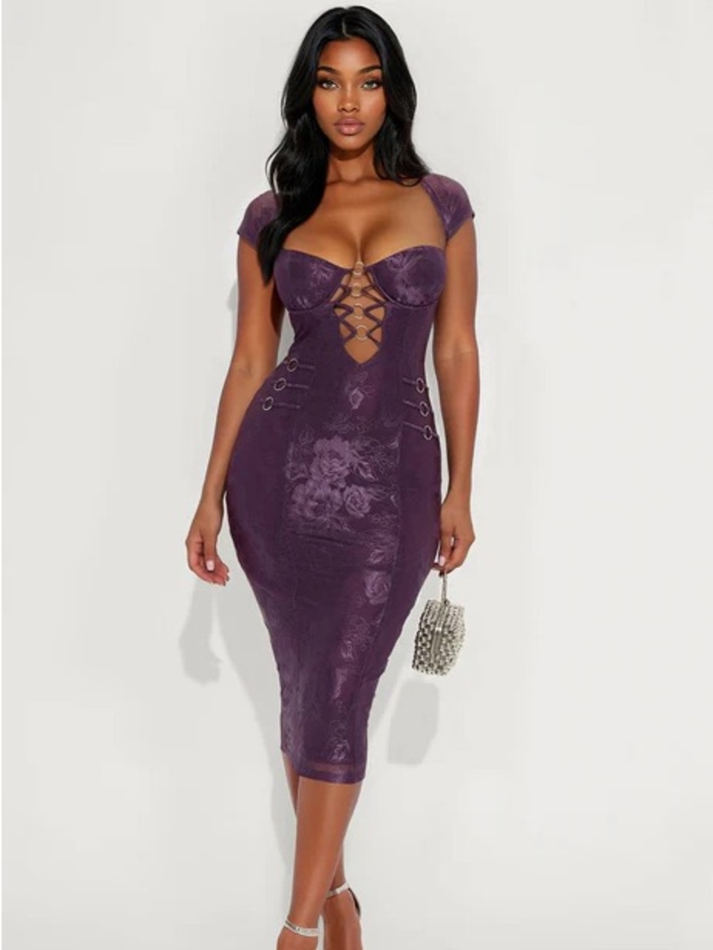 Lilliana Plum Lace-Up Bodycon Midi Dress NEW 🏷️